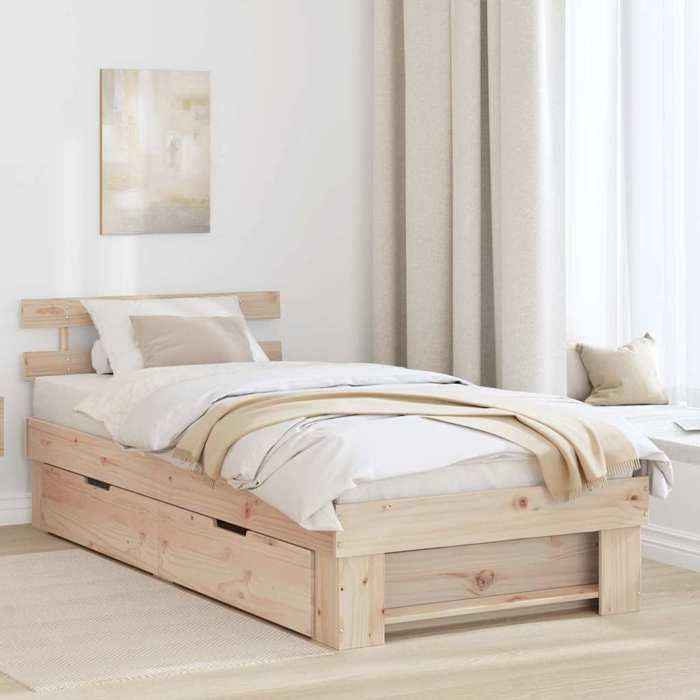 Structure de lit en pin massif - UU - 90x190 cm - Naturel - Tête de lit intégrée - Rangement avec tiroirs