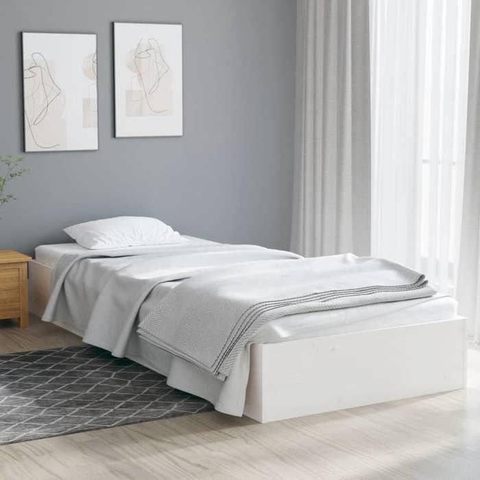 Cadre de lit en bois massif - Happiness - 90x190 cm - Blanc - Bois de pin massif - Lattes en contreplaqué
