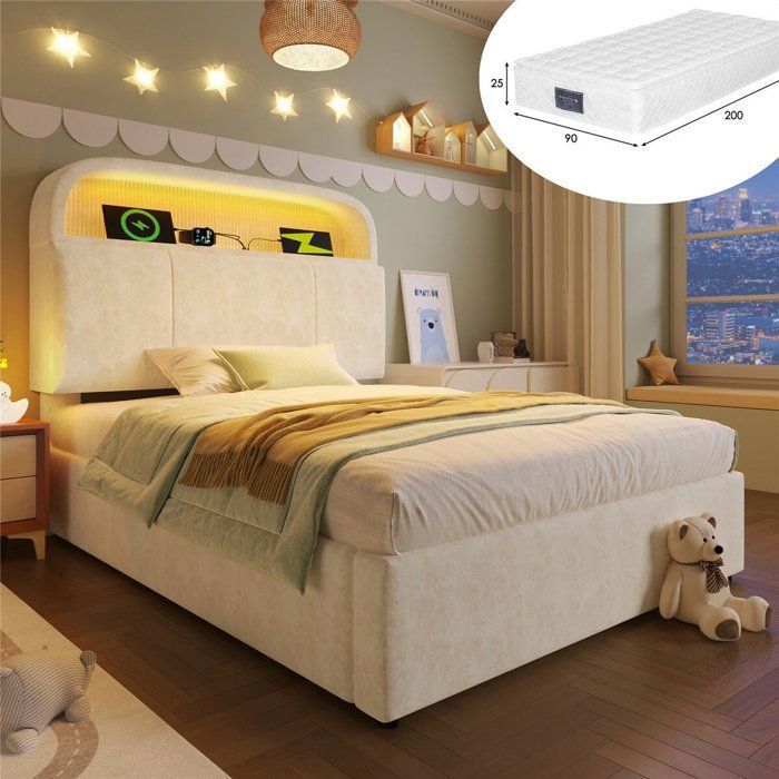Lit coffre 90x200 avec sommier et matelas LED et port USB lit une place tête de lit rembourrée ajustables pour ado velours beige