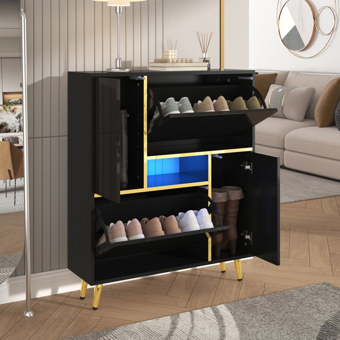 Meuble à chaussures 80x25x96 cm 4 portes avec étagères réglables éclairage LED 16 couleurs panneaux de particules Noir