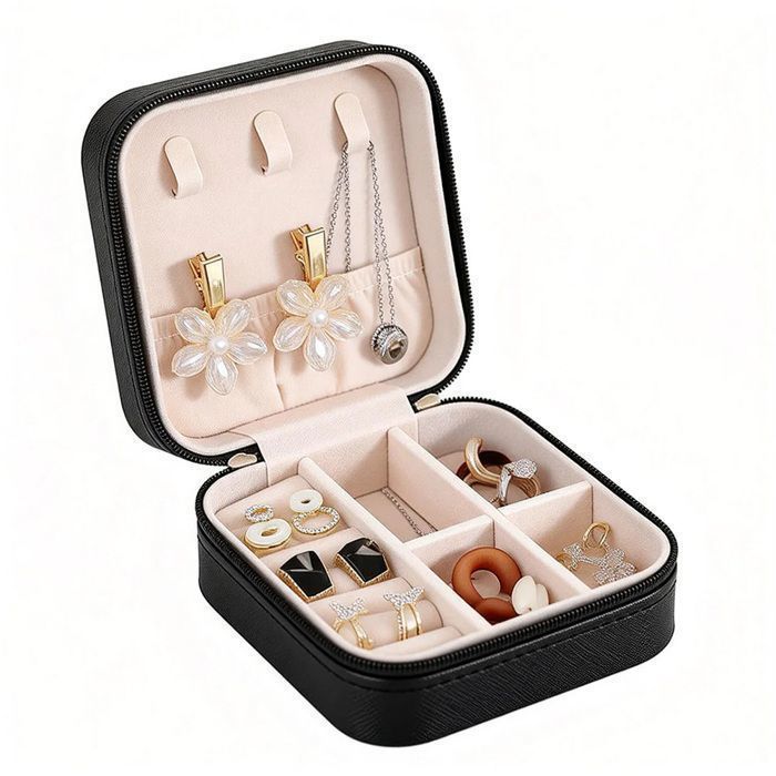 Boîte à Bijoux Femme Fille 9.5x9.5x5cm Boîte à Bijoux de Voyage Anti-Rayures pour Bagues/Boucles dOreilles-Noir