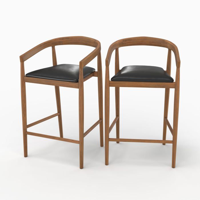 Lot de 2 chaises de bar 77 cm en teck vernis et assise en cuir noir - Bali - Maison Pavane