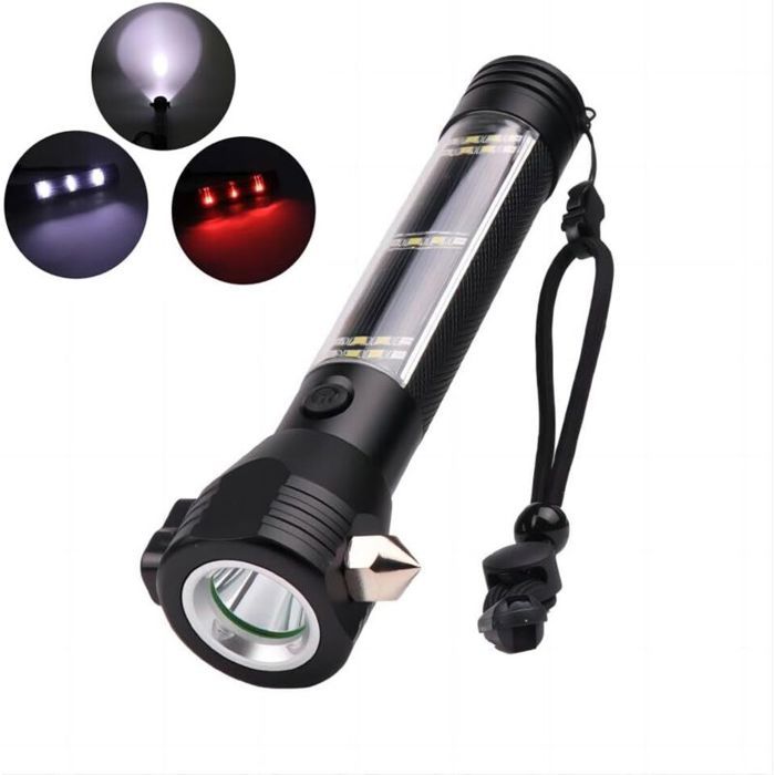 Lampe de poche multifonction - MHY® - 10 en 1 - Brise-vitre - Coupe-ceinture - Solaire - 7 modes - LED - Noir