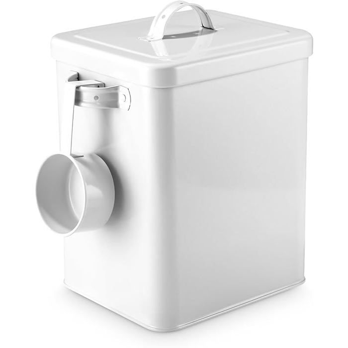 Boîte de Rangement Métal Blanc 65 L avec Couvercle et Cuillère Doseuse – Pour Lessive Croquettes Chat/Chie TRANSPORT DES ALIMENTS