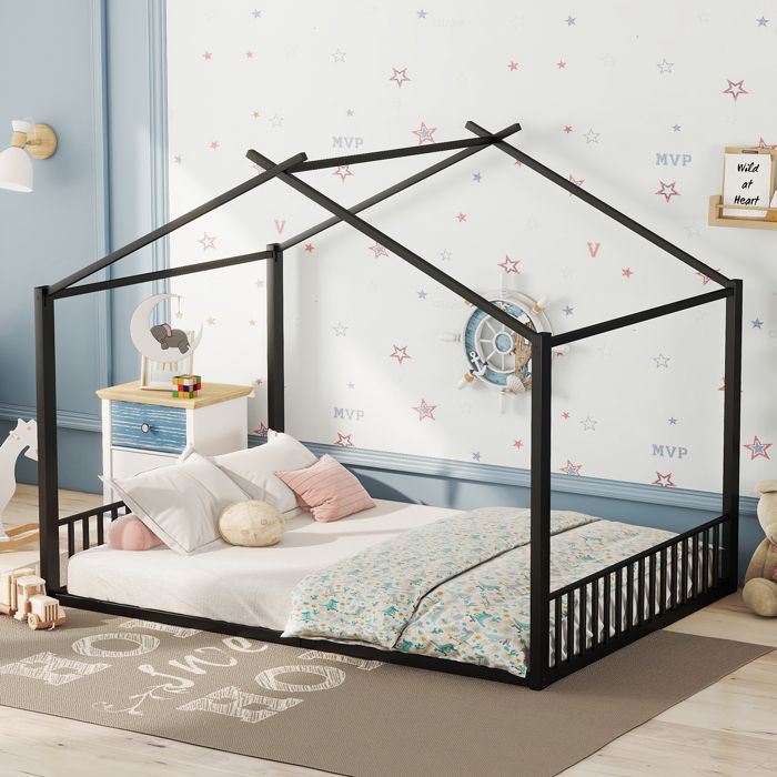 Lit cabane enfant Double 140×200 cm structure basse cadre maison - MEUNIQ - sans matelas métal - noir