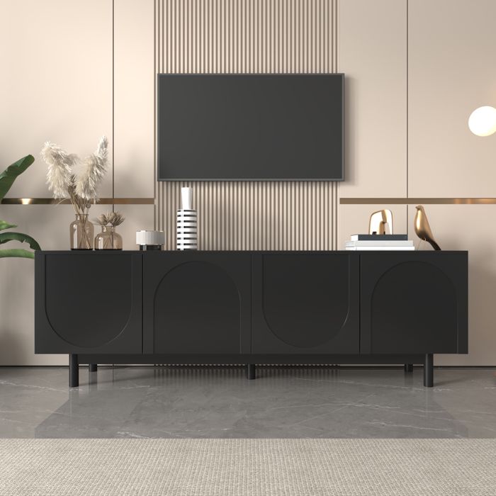 Meuble TV - KOMHTOM - 175x38x56 cm - 4 portes sans poignées - étagères réglables - Noir Meuble TV - KOMHTOM - 175x38x56 cm - 4 portes sans poignées - étagères réglables - Noir