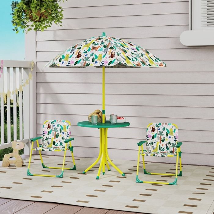 Ensemble de salon de jardin pour enfants ensemble 4 pièces avec parasol amovible table enfant et 2 chaises pliantes vert