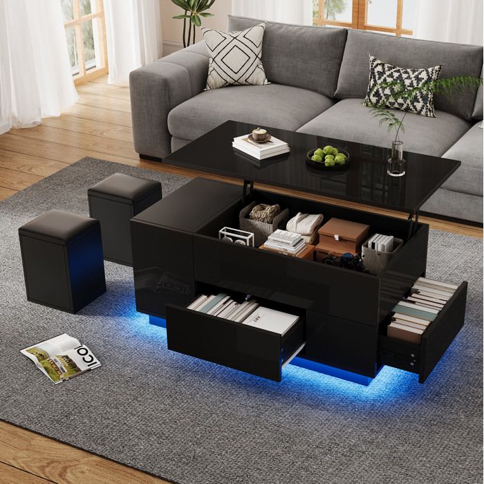 Table basse relevable noire brillante avec LED 2 tiroirs et 2 tabourets