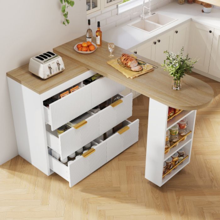 Îlot de cuisine avec table extensible pivotante à 360° sideboard buffet de cuisine avec 6 tiroirs table haute multifonction équipé