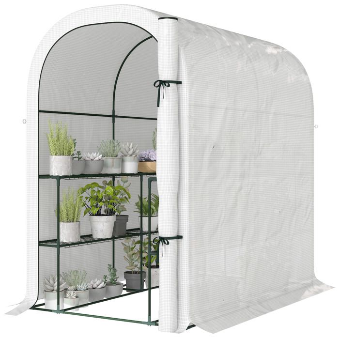 LIA Serre de jardin avec étagères 123x187x189cm petite serre avec porte enroulable bâche PE haute densité 140 g/m² blanc