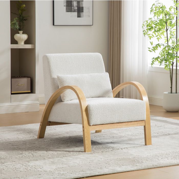 Fauteuil lounge scandinave EVRYAE en chenille ivoire 1 place avec accoudoirs en bois salon chambre