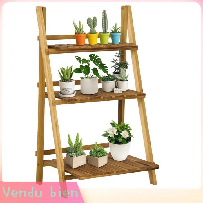 LIA Étagère plantes bois pyramidale échelle pliante 3 étagères marron 60x37x93cm