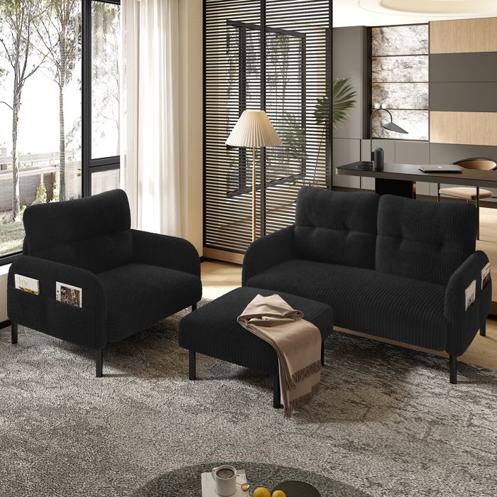 Ensemble canapé modulable - 3 pièces: canapé 2-places fauteuil repose-pieds - Velours côtelé doux