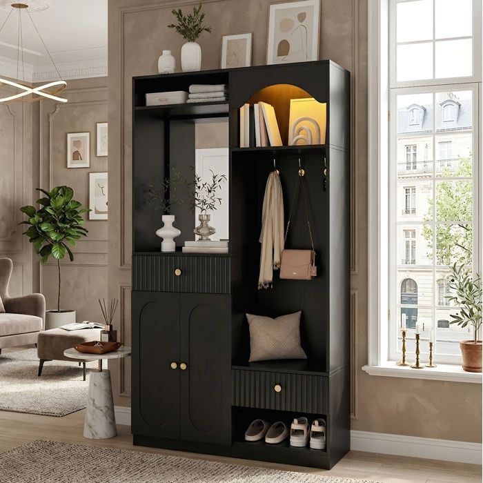 Meuble dEntrée - 100x35x180cm - LED Bluetooth - Miroir & Patères - Multi-Rangements - MDF Noir Poignées Fer