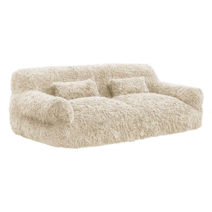 Canapé 2 places compressé avec couverture et coussins en laine Beige
