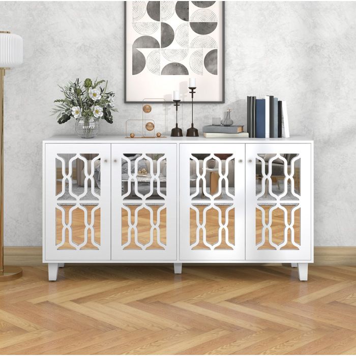 ROVRYN Buffet bas 4 portes blanc effet miroir étagère mobile MDF 160 x 40 x 84 cm