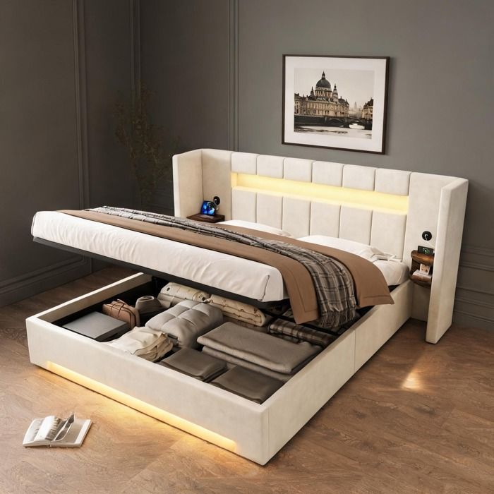 Cadre de lit en velours beige avec rangement sous-lit USB et LED – 180×200 cm