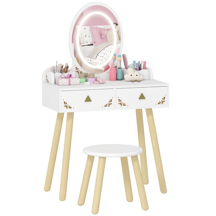 Coiffeuse pour enfant 2 en 1 bureau enfant fille avec miroir à LED 3 couleurs et tabouret 60x30x99 3 cm blanc
