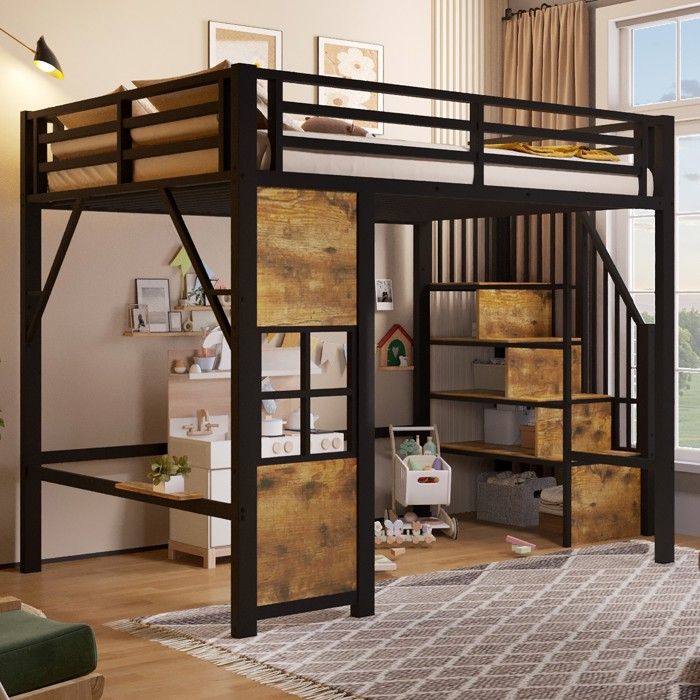 Lit mezzanine enfant lit double 140x200 cm structure en fer échelle espace de rangement sous le lit barrière matelas non inclus noir