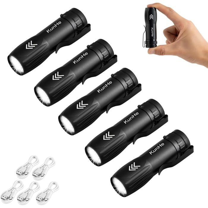 Mini lampe torche LED 300 lumens rechargeable USB-C - Lot de 5 - Clip poche aluminium IPX4