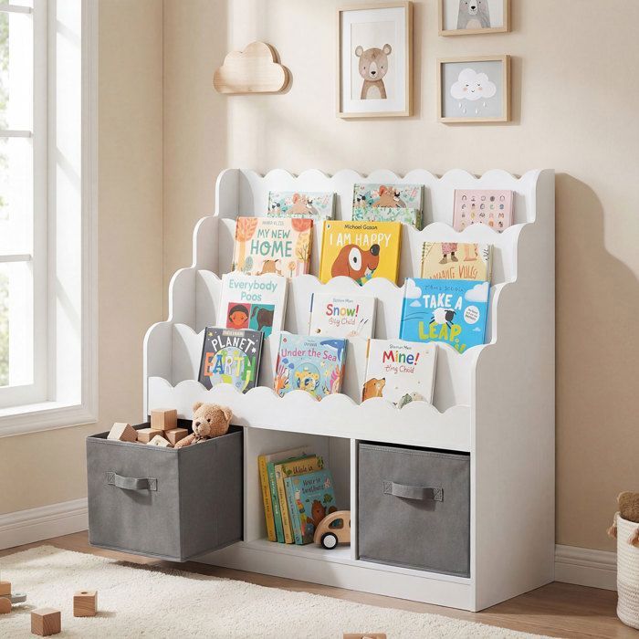 Meuble Rangement Enfant-COSTWAY pour Jouet Montessori 3 Compartiments Ouverts 2 Tiroirs en Tissu Pliables Etagere Livre Enfant