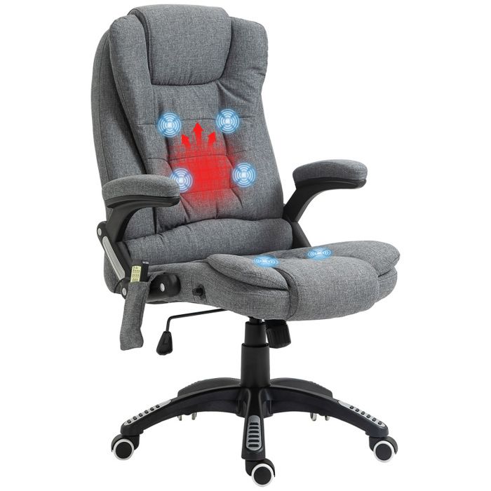 Fauteuil de Bureau Massant et Chauffant Inclinable avec Télécommande - Tissu Gris
