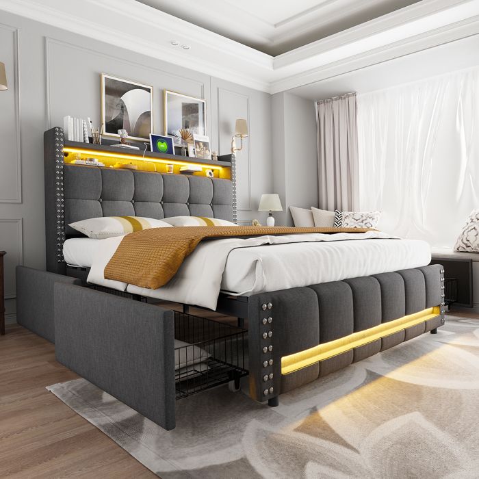 Lit double capitonné 160x200 cm gris lin avec LED USB tête étagères rangement et 4 tiroirs