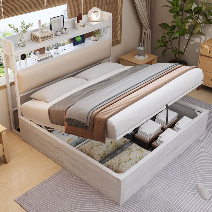 Lit double 180 x 200 cm métal bois avec rangement hydraulique tête de lit rembourrée USB et étagère blanc