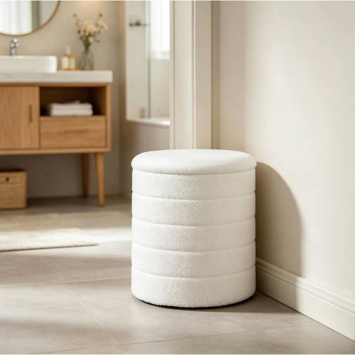 Tabouret de rangement rond pliant blanc 40 5 x 40 5 x 43 cm Teddyfleece MDF mousse charge maximale 150 kg table d’appoint