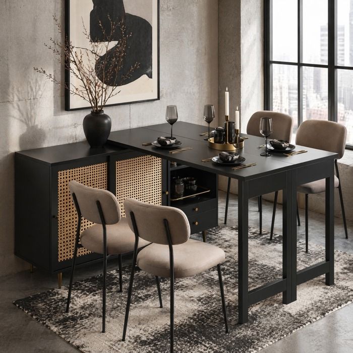 Buffet de cuisine table bar extensible rotative 360° - LPOSPI - portes en rotin 2 tiroirs MDF noir