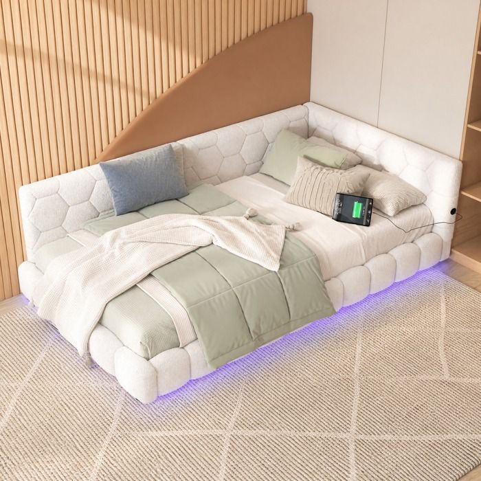 Lit banquette 1 place - ZEVKOR - 90×200 cm - LED 16 couleurs - USB & USB‑C - MDF blanc