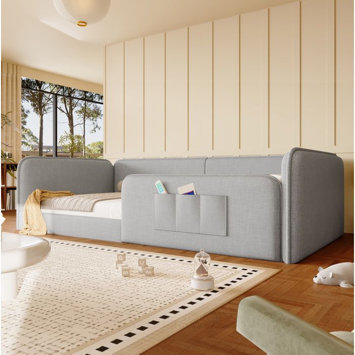 Lit 1 Place En Lin Gris Lit Plateforme Rembourré FloraGrace Pour Chambre Enfant Ado Avec Poches De Rangement 209x98x55cm