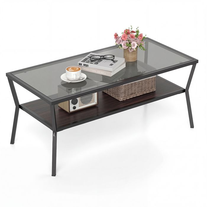 GIANTEX Table Basse à 2 Niveaux Rectangulaire en Verre Trempé Cadre en Métal et Étagère 106 5 X 50 5 X 46 5 CM Charge 50+20 kg