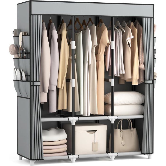 Penderie armoire en tissu 3 tiges suspension 6 étagères 132 x 44 x 170 cm tube métal 19 mm grise portable