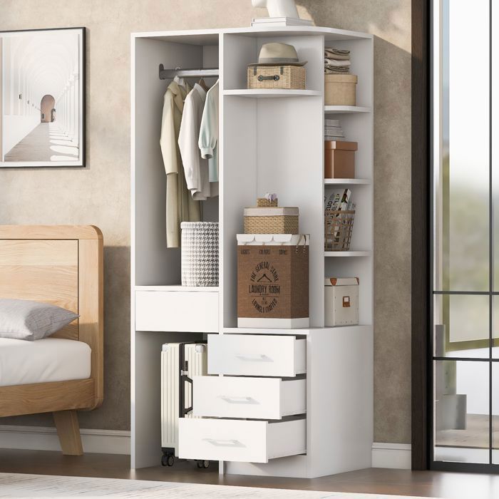 Armoire à Vêtements - Blanche - avec Tiroirs et Étagères - 70 x 55 x 175 cm - Vestiaire de Rangement pour Chambre et Entrée Armoire à Vêtements - Blanche - avec Tiroirs et Étagères - 70 x 55 x 175 cm - Vestiaire de Rangement pour Chambre et Entrée