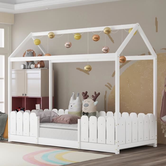 lit cabane 90x200 cm-lit d'enfant en bois avec protection contre les chutes et sommier à lattes
