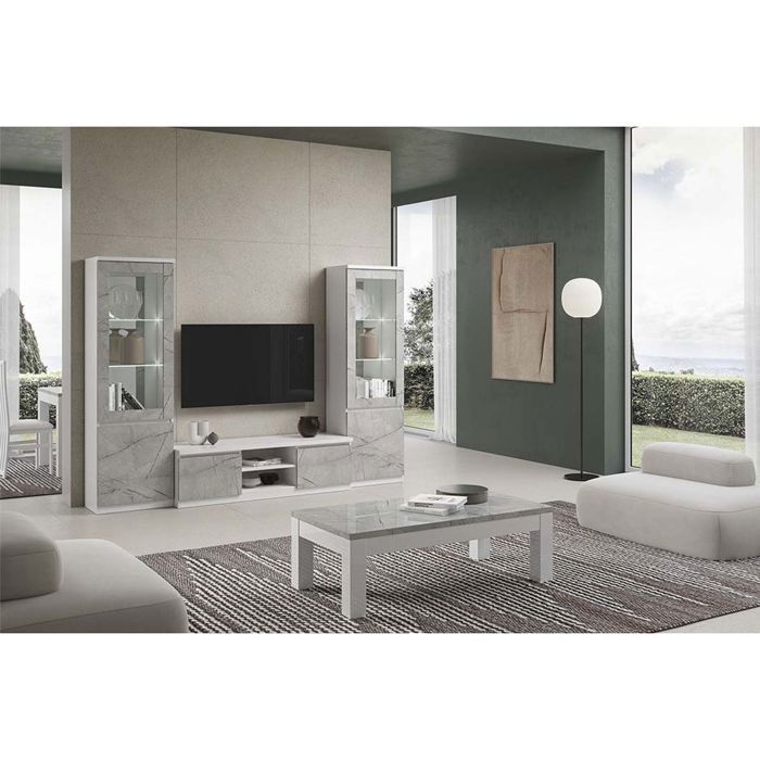 DEYTON - Ensemble Salon Complet Blanc et Gris Marbré Meuble TV + Vitrines avec Leds + Table Basse 127cm DEYTON - Ensemble Salon Complet Blanc et Gris Marbré Meuble TV + Vitrines avec Leds + Table Basse 127cm