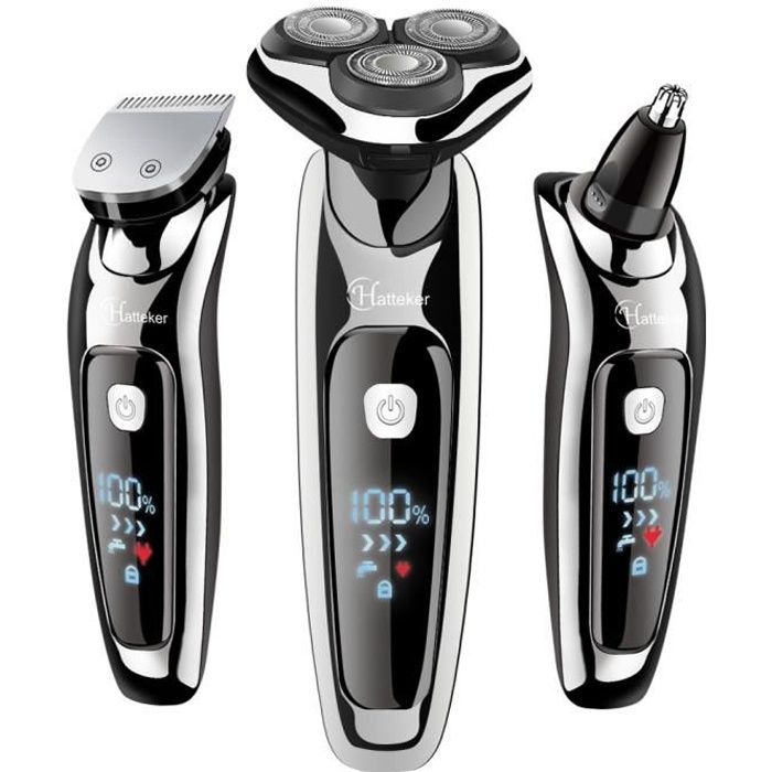 HATTEKER Rasoir Hommes Électrique Rotatif Tondeuse À Barbe Enlever Poils Nez Oreilles Sans Fil Rechargeable USB Classique Imperméabl