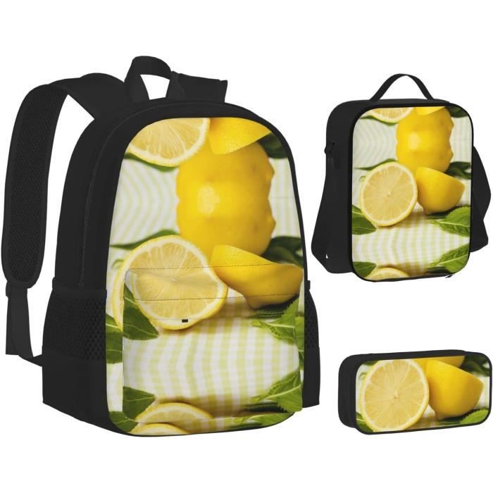 Sac à Déjeuner Isotherme Motif Citron – 24x14x22 Cm – Polyester, Poche Principale + Poche Maille – Pour école, Travail, Pique-nique