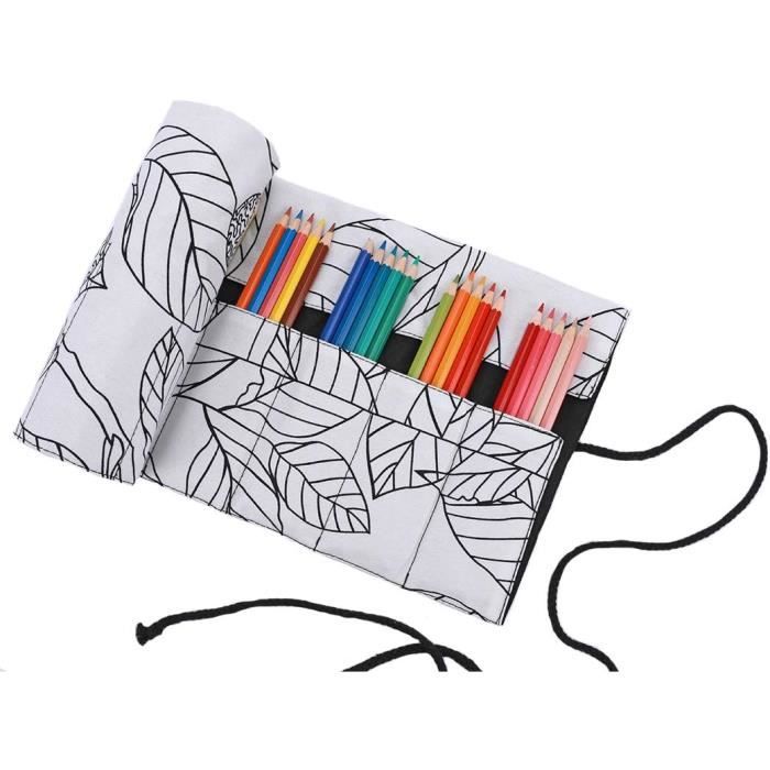 Trousse Enroulable 24 Trous Pour Crayons - Grande Capacité, Toile, Motif Arbre Noir Et Blanc, Pour école Et Dessin