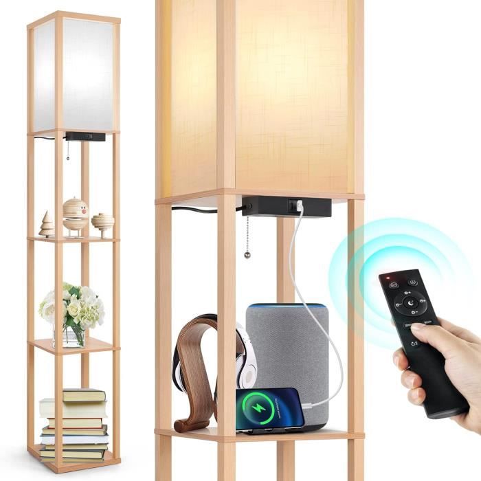 Lampadaire LED Avec Télécommande - 3 Tons, Intensité Réglable, Minuterie 1h, étagère, Trépied Bois - 5