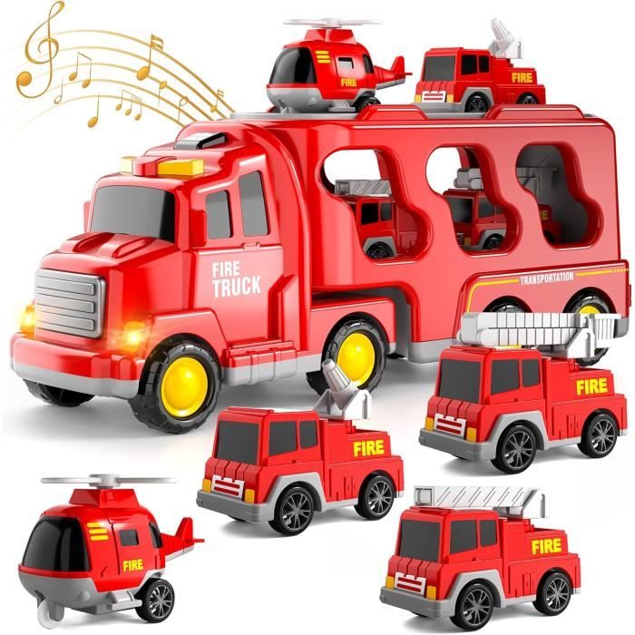 Jouet de camion de pompier pour garçons de 1, 2, 3, 4, 5, 6 ans, 5 en 1 -  Porteur pour enfants -Camions de pompiers pour