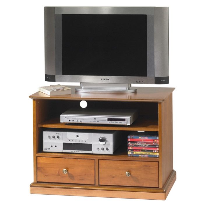 Meuble TV 32 Pouces - BEAUX MEUBLES PAS CHERS - Merisier - 2 Tiroirs - 2 Niches - Sur Roulettes