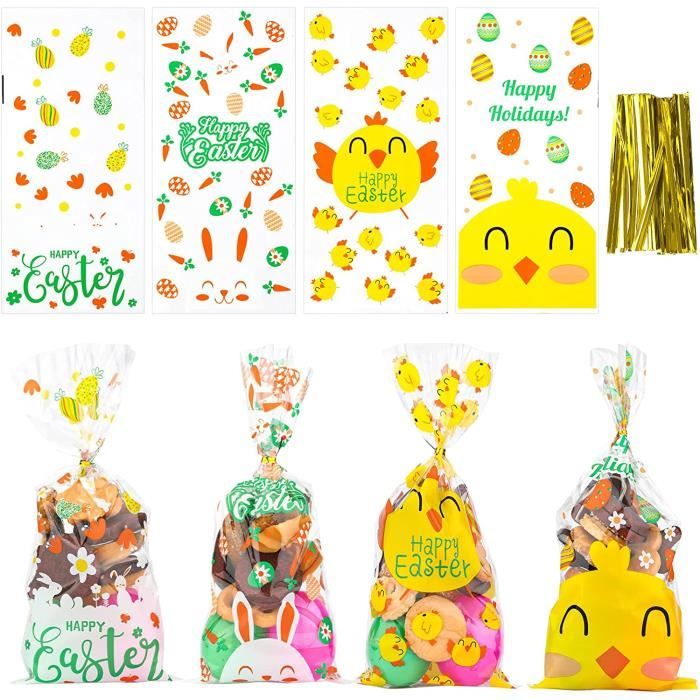 50pcs sacs à biscuits de paques avec attaches torsadées en métal sachet plastique bonbon de paques sacs cadeaux de paques sac à bisc