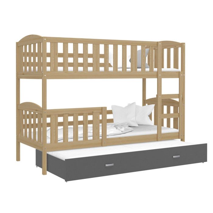 Lit Superposé 3 Places Teo 90x190 gigogne + matelas Pin - gris Lit Superposé 3 Places Teo 90x190 gigogne + matelas Pin - gris