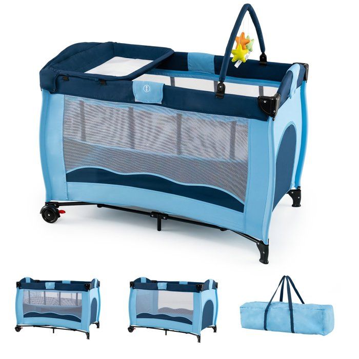 COSTWAY Lit Parapluie B&eacute;b&eacute; Pliant avec Matelas 4 en 1 -Table &agrave; Langer-3 Jouets-2 Roues Verrouillables-Sac Transportable-0-2 Ans-Bleu 