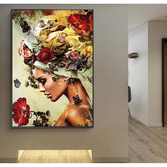 Tableau femme fleurs peinture sur toile 70x100cm