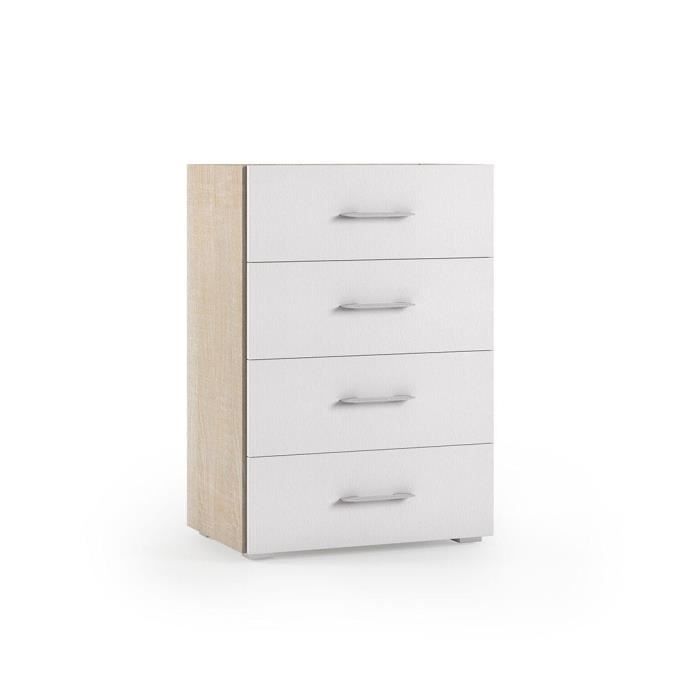 meuble à tiroirs de salle de bains avec façade blanche et côtés en chêne
