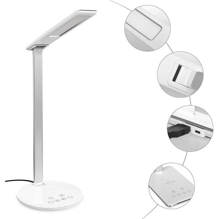 Lampe de Chevet & Chargeur Sans Fil,Lampe de Bureau LED avec Touch Control Lampes de Table Bras en Aluminium Port Lampe Tactile 4 Modes et 5 Niveaux Lampe de Lecture Luminosité Réglable 