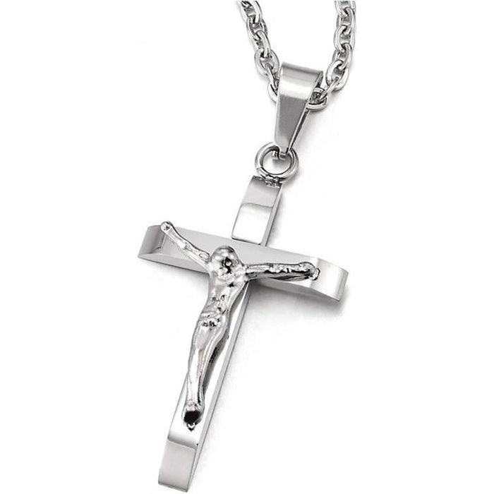 Argent Croix En Acier Inoxydable Pendentif Collier Hommes Femmes Chaîne Bijoux C